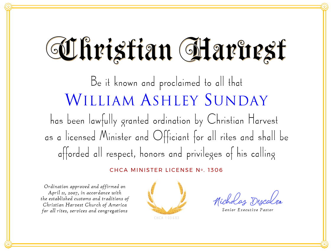 Christian Harvest Ordination Certificate Sample (Image)